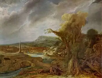 Landscape with Obelisk. Historically mistaken as being by Rembrandt. It was stolen in 1990 from the Isabella Stewart Gardner Museum. Boston.