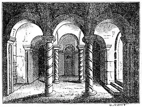 A 19th-century engraving of the crypt at Repton where Æthelbald was interred.