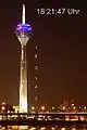 The Rheinturm displaying the time. The number of dots represents the Hour, Minutes, and Seconds as shown in the image above