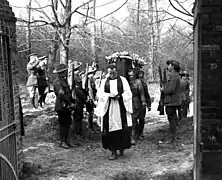 The military funeral of Manfred von Richthofen is presided by officers of No. 3 Squadron RAAF who carry his coffin in Bertangles Cemetery, France on April 22, 1918.