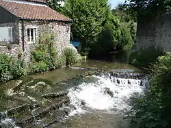 Water flowing through a channel and over a weir between a building and a wall. Vegetation on both sides of the water.