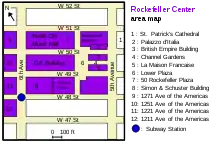 Diagram of Rockefeller Center. The subway entrance at Sixth Avenue and 48th Street is marked by a blue dot.