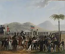 A painting of a crowded scene. Haitian civilians and soldiers cheer for President Boyer, who is on a stage. The palace is in the background.