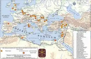 A map of the Mediterranean labeled 'THE ROMAN LEGIONS BY THE END OF SEPTIMIUS SEVERUS' RULE'.