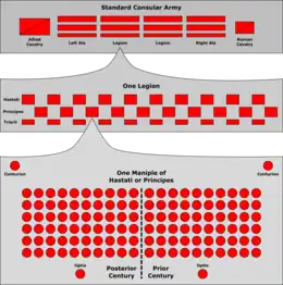 A diagram showing the usual deployment of a legionary maniple and how that fitted within a legion and a typical army