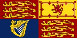 The Royal Standard of the United Kingdom used outwith Scotland, featuring the Royal Banner of Scotland in the second quarter.