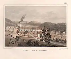 Lithography print in colour showing the mill and it's smoke stack surrounded by houses, roads, fields and mountains. Horse-drawn carriage can be seen on the roads.