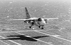 NH706, an S-3A Viking assigned to VS-21 landing on board the Enterprise in August 1988.