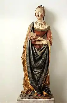 Statuette of Saint Barbara, limewood with paint, probably German, c. 1490