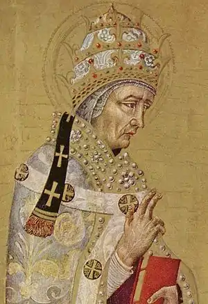 Saint Fabian wearing an anachronistic Papal tiara, by Giovanni di Paolo, c. 1450