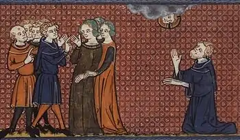 Margarita among her courtesans, as Saint Nonnus prays for her (14th-century MS)