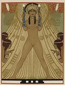 painting of nearly-naked your woman posing in elaborate headdress