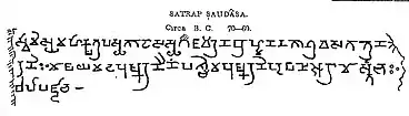 Another inscription of Sodasa in Mathura. This inscription records the gifts of a Brahman named Gajavara of the Segrava-gotra during the time of Saudasa the Great Satrap of the lord (paramount, whose name is lost) of tanks called Kshayawada, besides a western tank, a well, a garden, and a pillar.