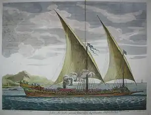 A two-masted ship with several sails set