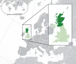 Location of Scotland (dark green)– in Europe (green & dark grey)– in the United Kingdom (green)