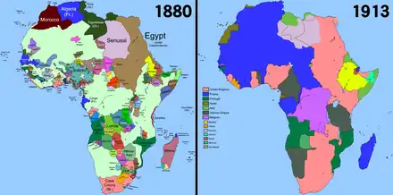  two maps of Africa, one in 1880 and one in 1913, showing how the country was divvied up by the colonial powers of that period