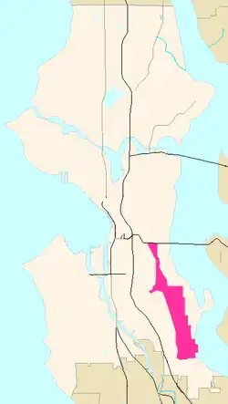 Map of Seattle with the general boundaries of Rainier Valley highlighted