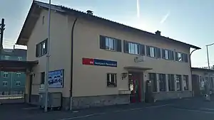 Two-story building with gable roof