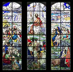 Sermon on the Mount windows at Herzebogensee Reformed church near Berne. Picture by Eugène Burnand 1910, Glass by Emil Gerster of Basel 1911