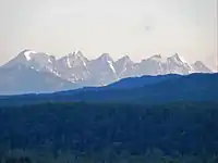 Seven mountains lined up neatly in a row in the far distance