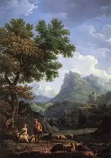 Landscape painting, showing a mountain scene with an adoring couple surrounded by sheep in the foreground. The scene is dominated by a large, leafy green tree at the left and blue sky with white clouds, contrasted against the mountain at the top of the painting.