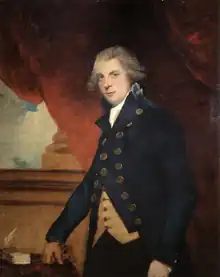 Portrait of clean-shaven white man in 18th-century costume and short white wig