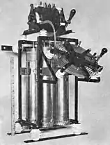 Tuned circuit of transmitter. (top) quenched gap, (center) oscillation transformer, Leyden jars