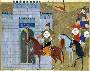 Painting of cavalry, led by a man in green clothing atop a brown horse, walking into a city with high walls