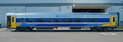 A Siemens Venture railcar in Amtrak California San Joaquins livery.