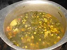 Close-up view of sai bhaji being cooked