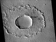 Rampart crater of the single-layered ejecta type, as seen by CTX  Arrows indicate the outer edge, called the rampart.