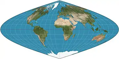 Image 13Sinusoidal projectionMap: Strebe, using GeocartThe sinusoidal projection is a pseudocylindrical equal-area map projection. Used as early as the 16th century, this projection shows distances accurately along the central meridian and the equator; areas furthest from these lines are the most distorted.More selected pictures