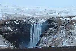 Skogáfoss in winter, aerial view