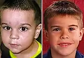 Two images of a young boy with a short dark haircut and brown eyes that strongly resemble each other. On the left is one that appears to be a photograph of the boy wearing a dark blue T-shirt with neon green collar; on the right he is smiling, appears older, more posed, and wears a blue shirt