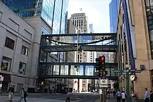 Two skyways connect two Minneapolis skyscrapers together.