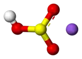 Ball-and-stick model of a bisulfite anion (left) and a sodium cation (right)