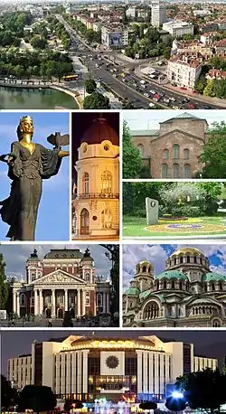 From top to bottom, left to right: Tsarigradsko shose; Statue of Sveta Sofia; Bulgarian Academy of Sciences; Saint Sophia Church; Borisova gradina; Ivan Vazov National Theatre; Alexander Nevsky Cathedral; and the National Palace of Culture