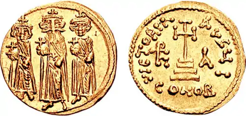 Byzantine coin depicting Constantine the New with his father Heraclius and brother Heraklonas.