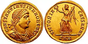 Gold coin of Constantine II depicting Victoria on the reverse