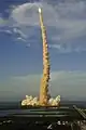 Launch of Space Shuttle Atlantis viewed from the top of the Vehicle Assembly Building