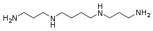 Spermine is a long, symmetrical molecule capped at both ends with amino groups N H 2. It has two N H groups symmetrically placed within the molecule, separated from each other by four methylene groups C H 2, and from the amino ends by three methylene groups. Thus, the full molecular formula is N H 2 C H 2 C H 2 C H 2 N H C H 2 C H 2 C H 2 C H 2 N H C H 2 C H 2 C H 2 N H 2.