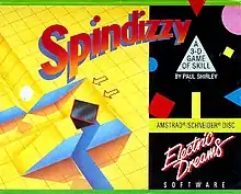 Artwork of a horizontal rectangular box. The top portion reads "Spindizzy". The left half depicts a yellow grid, and the right half displays advertising and publisher information against a black backdrop.