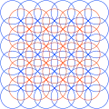 The related five overlapping circles grid is constructed by from two sets of overlapping circles half-offset.