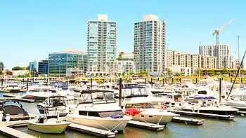 Harbor Point Marina with offices and residential buildings in the background