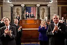 Fasces bestride Speaker's rostrum in the House chamber of the US Capitol