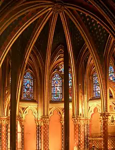 The lower chapel, with the Fleur-de-Lys of Louis IX (symbol from his French Capet royal family heritage) and the castle, (symbol of the Spanish royal family of his mother, Blanche of Castile), decorating the columns