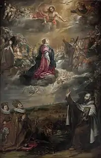 The painting of Our Lady interceding at Holy Trinity for the victory of the Catholic army at the Battle of White Mountain by Anton Stevens from the main altar at the Church of Our Lady of Victory at the Lesser Quarter of  Prague from 1641