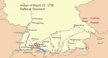 Map shows the disposition of troops around Engen and Stockach in southwestern Germany