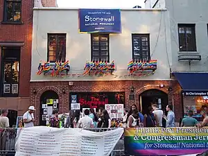 Image 10The Stonewall Inn in the gay village of Greenwich Village, Manhattan, site of the June 1969 Stonewall riots, is adorned with rainbow pride flags. (from Culture of New York City)