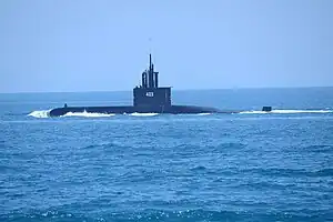 Indonesian Navy submarine KRI Nagapasa (403) during the annual armed force anniversary in Merak, Banten, 2017.